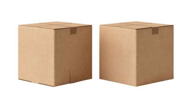 Two identical, light brown cardboard boxes