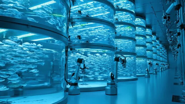 Inside a high-tech laboratory, sleek robotic arms interact with illuminated tanks filled with diverse fish species. This unique environment blends technology and marine life.