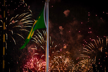 Brazilian flag in front of fireworks at Expo Osaka Kansai 2025.