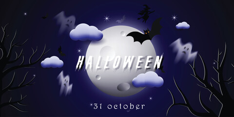 Happy Halloween celebration background design vector with moon, bats, clouds, and a tree. Dark Halloween poster template with a witch, bats, and a haunted night. Editable Halloween banner design art. 