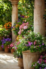 A bunch of flowers in a pot on a patio