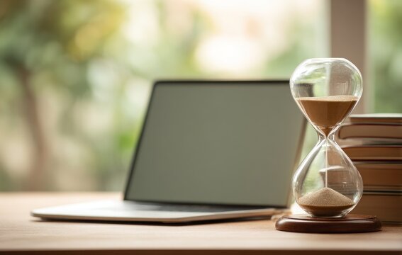 Sand timer with laptop and books on a wood desk against bright bokeh background suggests productivity, planning, and limited time