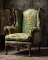 A chair with a green and gold upholing