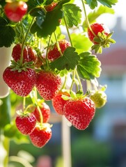 A bunch of ripe strawberries hanging from a plant