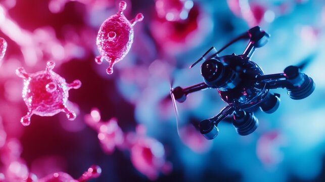A futuristic drone interacts with colorful cells in a digital realm. This captivating image showcases the synergy between technology and biological structures. Generative AI