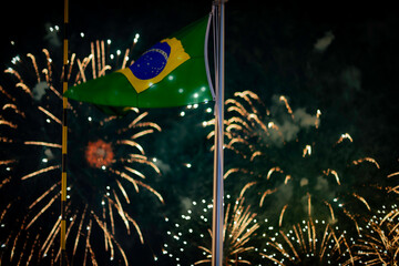 Brazilian flag in front of fireworks at Expo Osaka Kansai 2025.