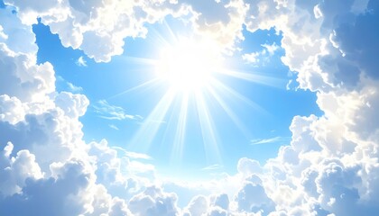 A bright, sunny sky is framed by fluffy white clouds, creating a heavenly and optimistic view. Light rays radiate outwards