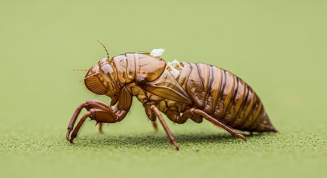 Closeup of a Cicada Exuvia on Green Background.