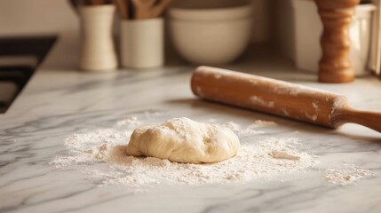 A scene of baking in progress, a marble dusted with flour, a wooden rolling pin, and perfectly kneaded dough ready to be shaped, authentic and homemade feel, bright kitchen lighting, 