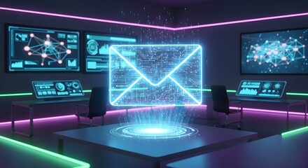 A glowing email icon projects from a futuristic control room, surrounded by screens.