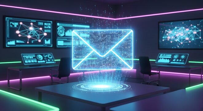 A glowing email icon projects from a futuristic control room, surrounded by screens.