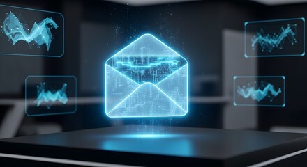 A glowing digital envelope hologram with data visualizations floating around it, representing communication.