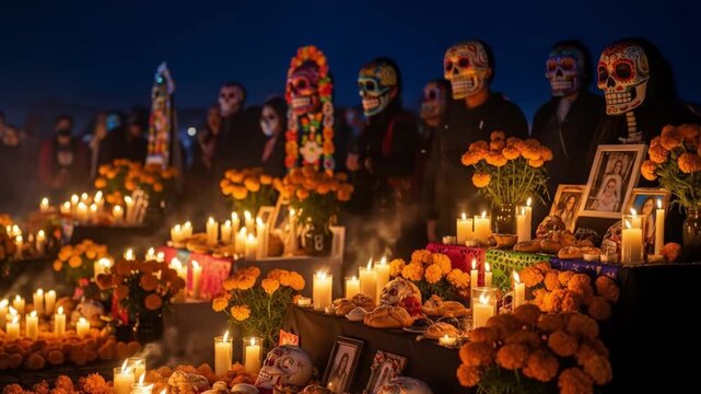 Nighttime D&iacute;a de los Muertos celebration with colorful decorated skulls candles flowers and photographs