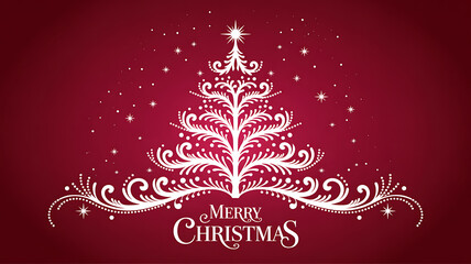 Ornate white Christmas tree with Merry Christmas text on red background decorative