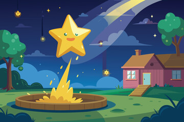 Smiling star falling into campfire at night falling star