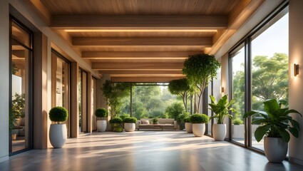 Sunlit modern hallway with lush green plants and large windows overlooking nature