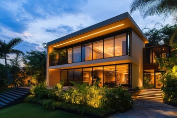 A modern house with a large garden and a wooden deck