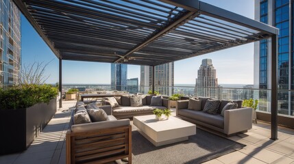 A patio with a couch and a table