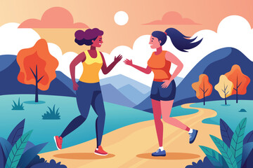 Two women jogging on a path in a colorful landscape