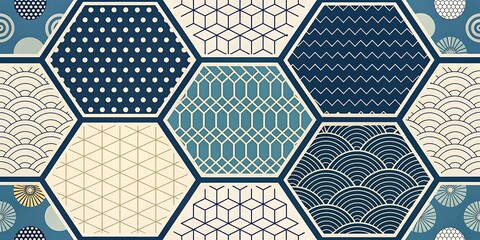 Seamless blue geometric honeycomb mosaic pattern with technology grid design