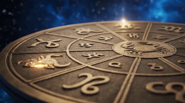 Astrological zodiac wheel with celestial symbols illuminated by a soft cosmic glow