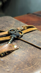 Vintage hand made book with brass key. Dark moody mystery Background.