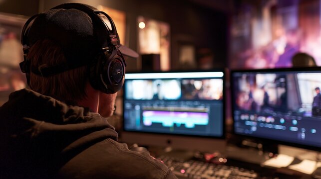 Film editors working in professional editing studio at large monitors with visible timelines and video graphics wearing headphones and collaborating on cinematic color grading and post production