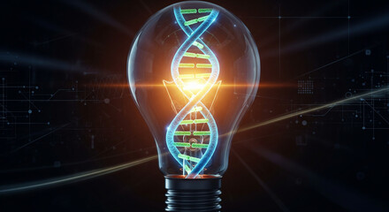 Symbolic illustration of DNA glowing inside light bulb symbolizing genetics, scientific research, and technological innovation