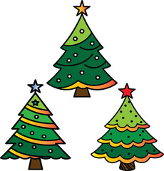 A vector illustration of a set of colorful Christmas trees with festive ornaments and a star on top, perfect for the holiday season