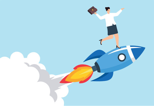 Businesswoman stands on rocket with briefcase concept ambition growth seizing opportunities