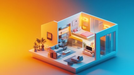 Explore a modern and vibrant living space in this brilliantly designed room. The combination of warm and cool colors creates a unique atmosphere. Generative AI