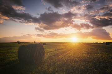 Sunset over hay bales in a field. Golden light bathes the landscape, creating a tranquil scene. For agriculture, travel and inspiring greeting card designs. Vintage film aesthetic.