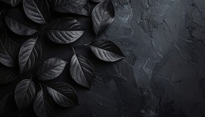 A stark, monochromatic composition of leaves on a textured dark background evokes a sense of elegance and somber beauty