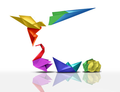 Reinvention and Breakthrough and Transformation And Success or transform And Succeed changing and growing for success as a metamorphosis business leadership and change metaphor with innovation.