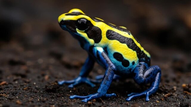 Bright Yellow and Blue Poison Dart Frogs in the Rainforest. AI video
