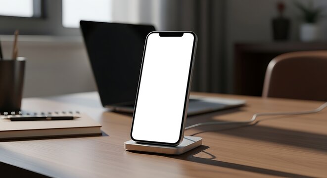 Smartphone with Blank White Screen Charging on a Wireless Charger at Desk with Laptop Mockup