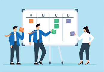 Vector illustration of employees voting with sticky notes on whiteboard democratic teamwork and group evaluation