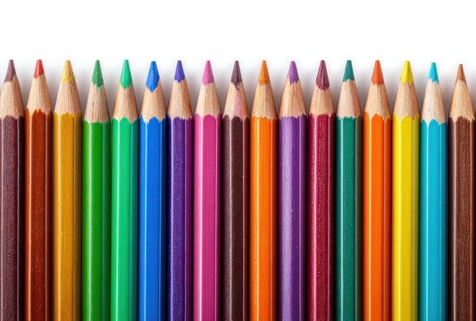 A row of colored pencils, neatly arranged against a bright white backdrop, showcases a spectrum of hues from warm browns to vibrant purples - Powered by Adobe