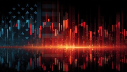 Abstract digital illustration of a city skyline overlayed with an American flag