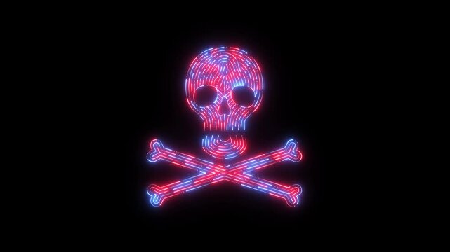 glowing neon human skull icon on black Background. skull icon on black background. Suitable for Halloween Themed designs, spooky decor. Pirate skull emoji, corsair cranium, danger, death warning.