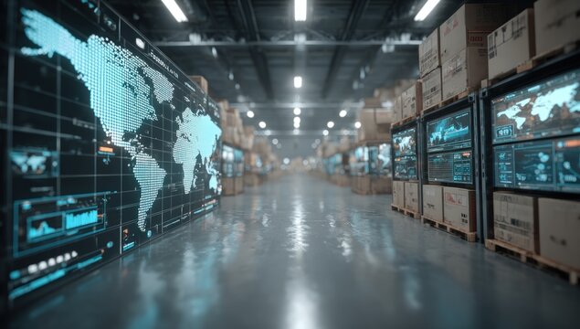 Warehouse with glowing digital display showing a world map and shelves stacked with boxes