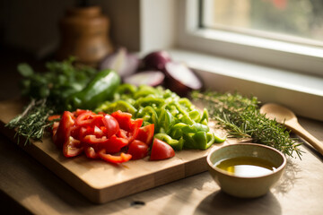 Photograph of a Rustic Wooden Cutting Board with Ingredients