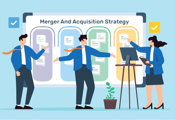 Vector illustration of business team planning merger and acquisition strategy with sticky notes on whiteboard