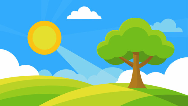 Sunny day with a tree on rolling green hills and clouds