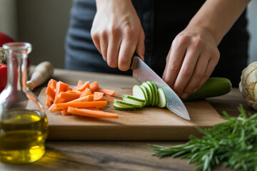Photograph of a Rustic Wooden Cutting Board with Ingredients