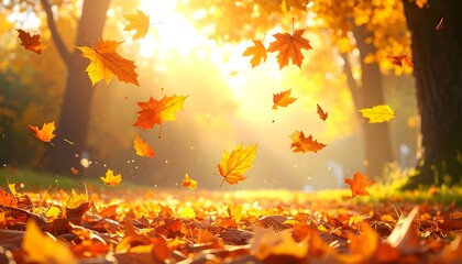 Golden autumn leaves falling gracefully in a sunlit forest with beautiful warm light filtering through the trees
