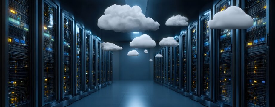 Rendering rows of servers in a cool blue-lit room with fluffy clouds floating above, suggestive of cloud computing concepts