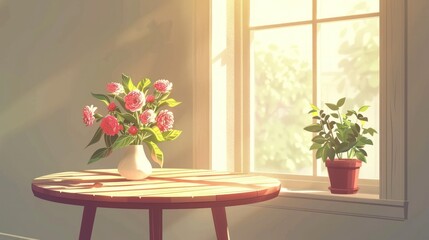 A vase of pink flowers sits on a wooden table near a window, with sunlight streaming through the window, creating a warm and inviting atmosphere.