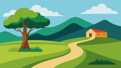 Obraz premium Peaceful countryside landscape with a winding path to a house