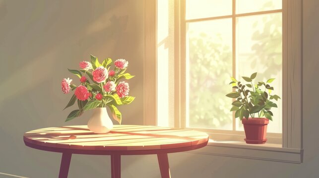 A vase of pink flowers sits on a wooden table near a window, with sunlight streaming through the window, creating a warm and inviting atmosphere.